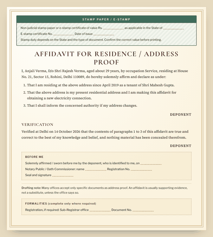Address Proof Affidavit format preview