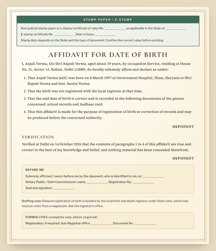 Date of Birth Affidavit format preview