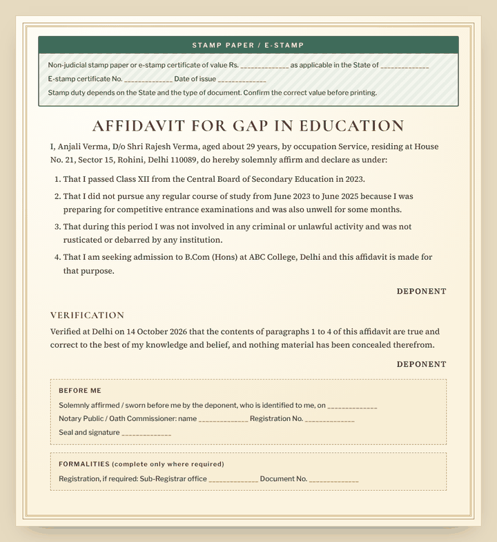 Gap Year Affidavit (education gap) format preview