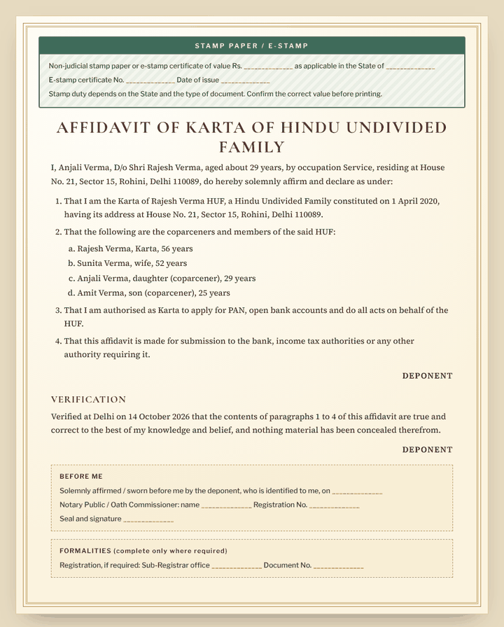 HUF Affidavit (for PAN or bank) format preview