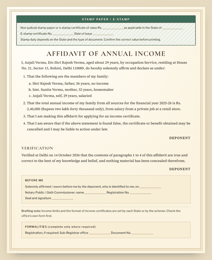 Income Affidavit format preview