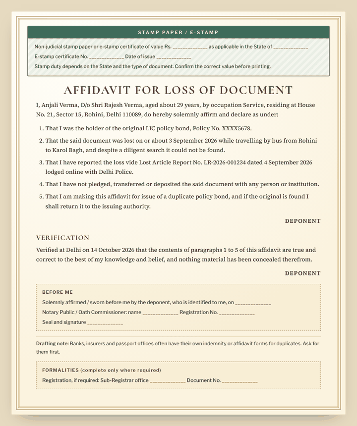 Lost Document Affidavit format preview