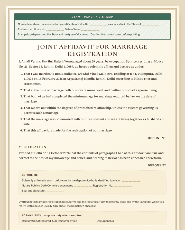 Marriage Affidavit (for registration) format preview