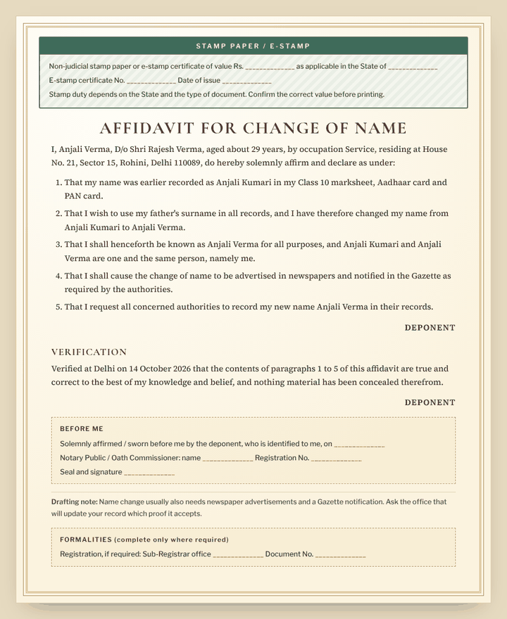 Name Change Affidavit format preview