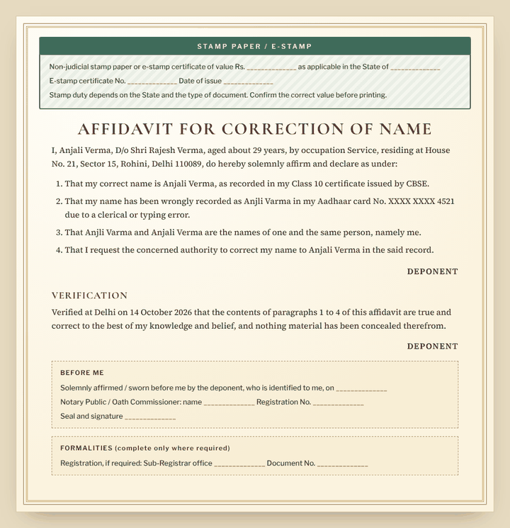 Name Correction Affidavit (spelling mistake) format preview