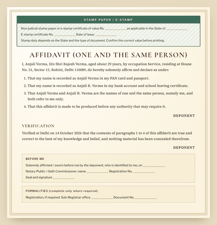 One and the Same Person Affidavit format preview