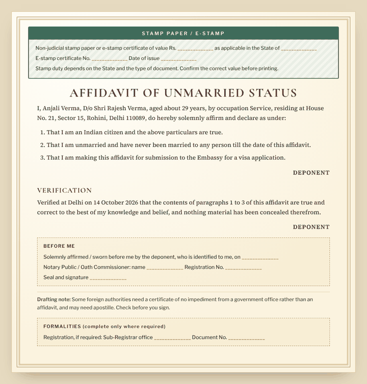 Unmarried / Single Status Affidavit format preview