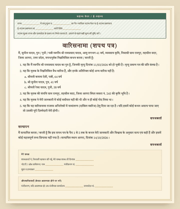 Waris nama format in Hindi preview