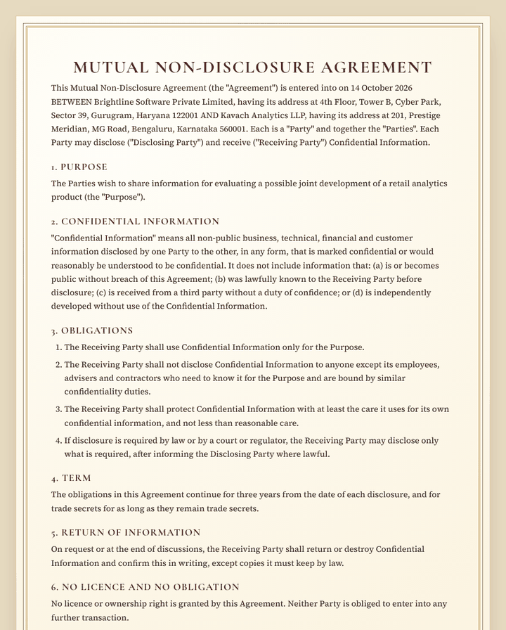 Mutual non-disclosure agreement format preview