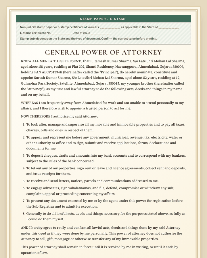 General power of attorney format shown in the engrossed deed style