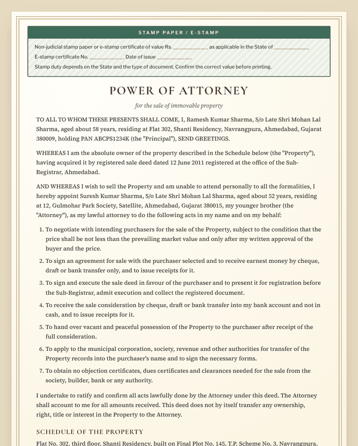 Power of attorney for sale of property, engrossed style