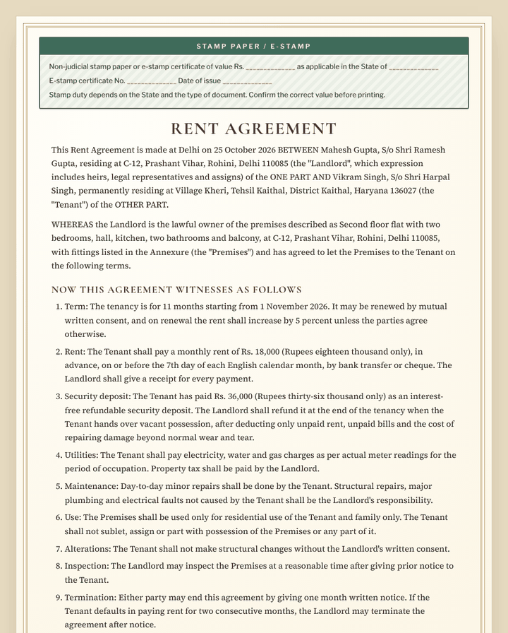 Rent agreement format preview