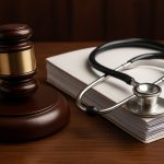 A gavel and a stethoscope next to a stack of blank papers on a wooden surface