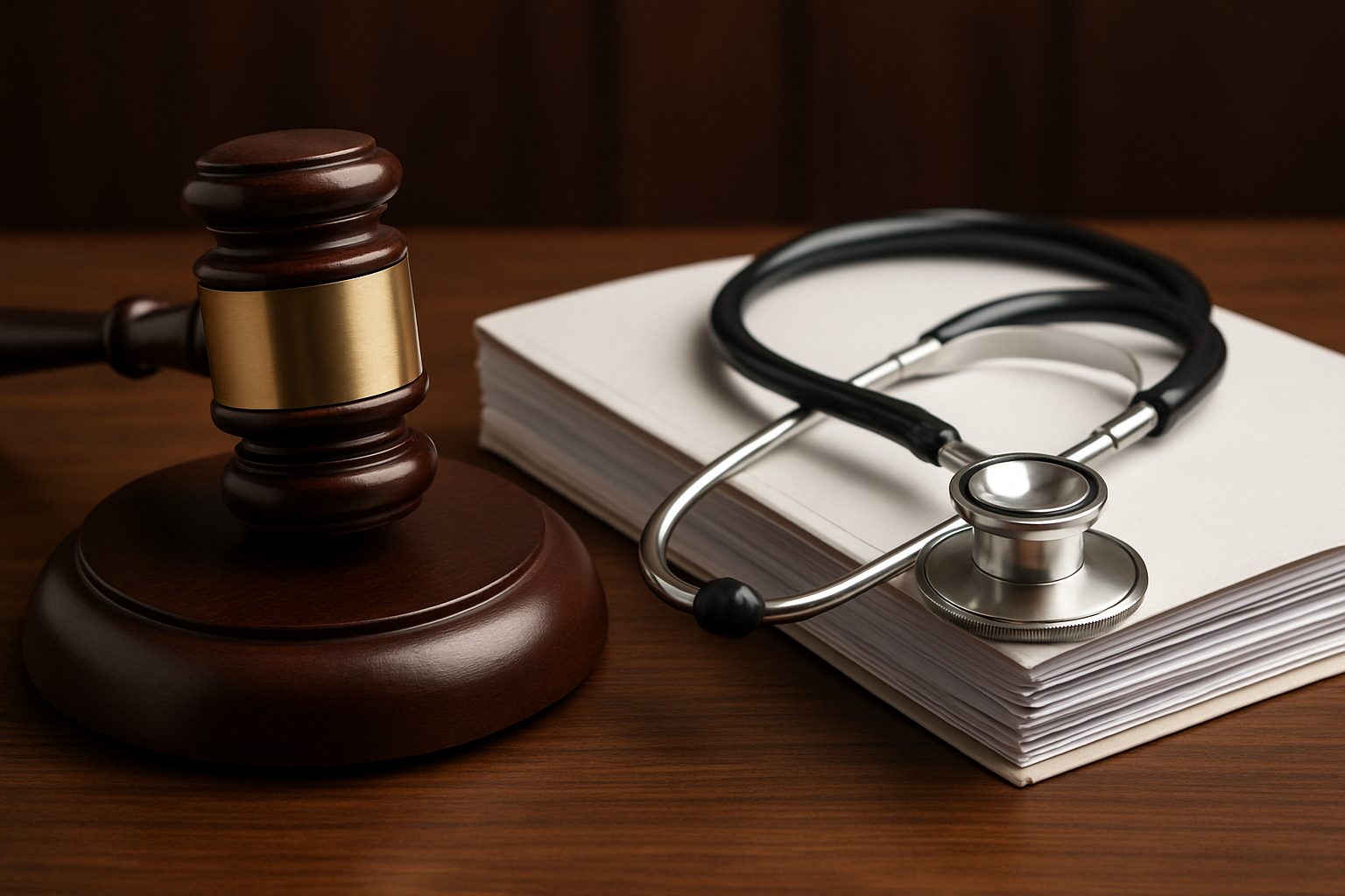 A gavel and a stethoscope next to a stack of blank papers on a wooden surface